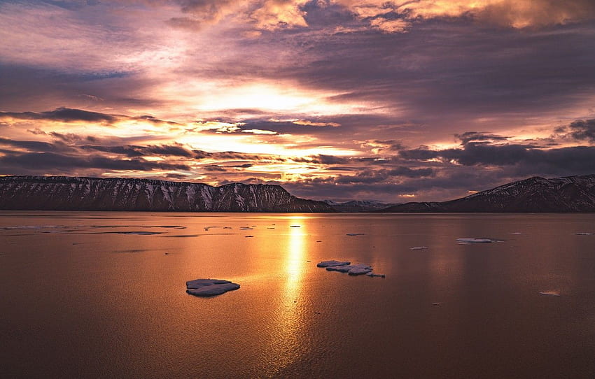 พระอาทิตย์ตก อ่าว อาร์กติก กรีนแลนด์ ice floes น้ำแข็งอาร์กติก แผ่นน้ำแข็ง พระอาทิตย์ตกอาร์กติกสำหรับ หมวด пейзажи พระอาทิตย์ตกขั้วโลกเหนือ วอลล์เปเปอร์ HD
