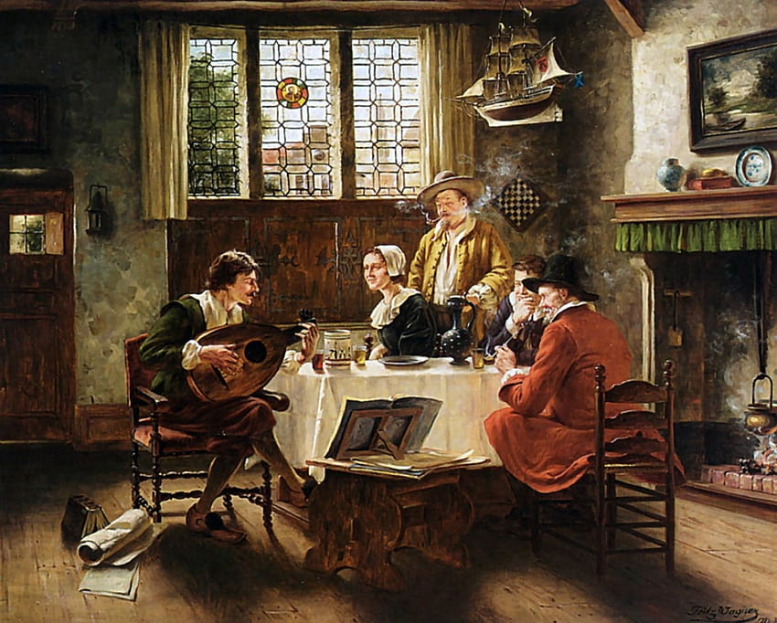 A Musical Interlude , architecture, art, landscape, beautiful, artwork, Fritz Wagner, oldmaster, scenery, wide screen, instrument, music, painting, Wagner, interlude, old master, cottage HD wallpaper