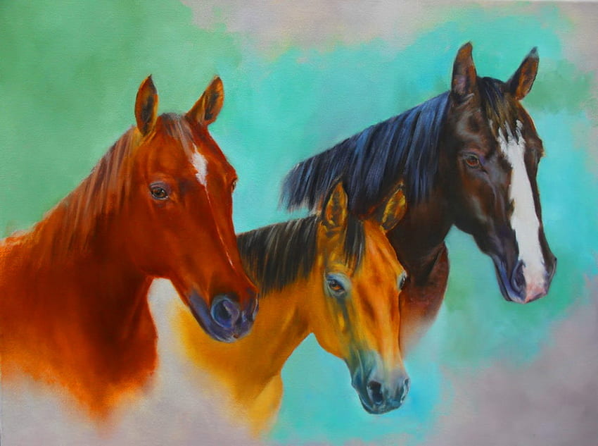 Trio for Betty, horses, brown, painting, black and white, red, three HD wallpaper