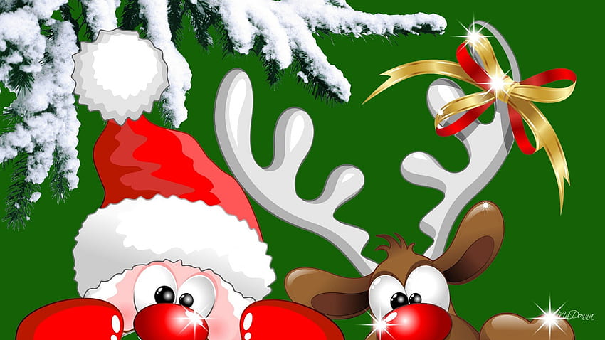 Santa and Rudolph, cartoon, feliz navidad, spruce, cute, santa claus, fir, tree, xmas, reindeer, rudolph the red nosed reindeer, snow, christmas, whimsical, saint nick HD wallpaper