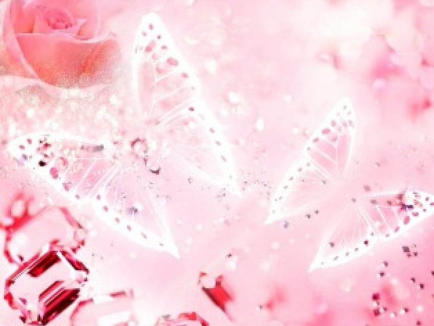 ファンタジー蝶、蝶、ピンク、バラ、宝石 高画質の壁紙