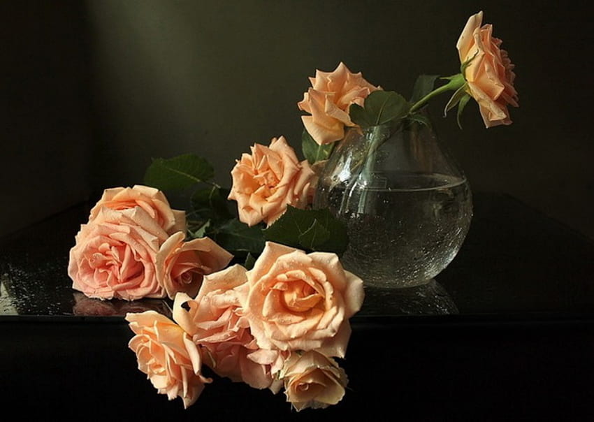 Aprikose, Rose, Vase, Blumenstrauß, Rosen HD-Hintergrundbild