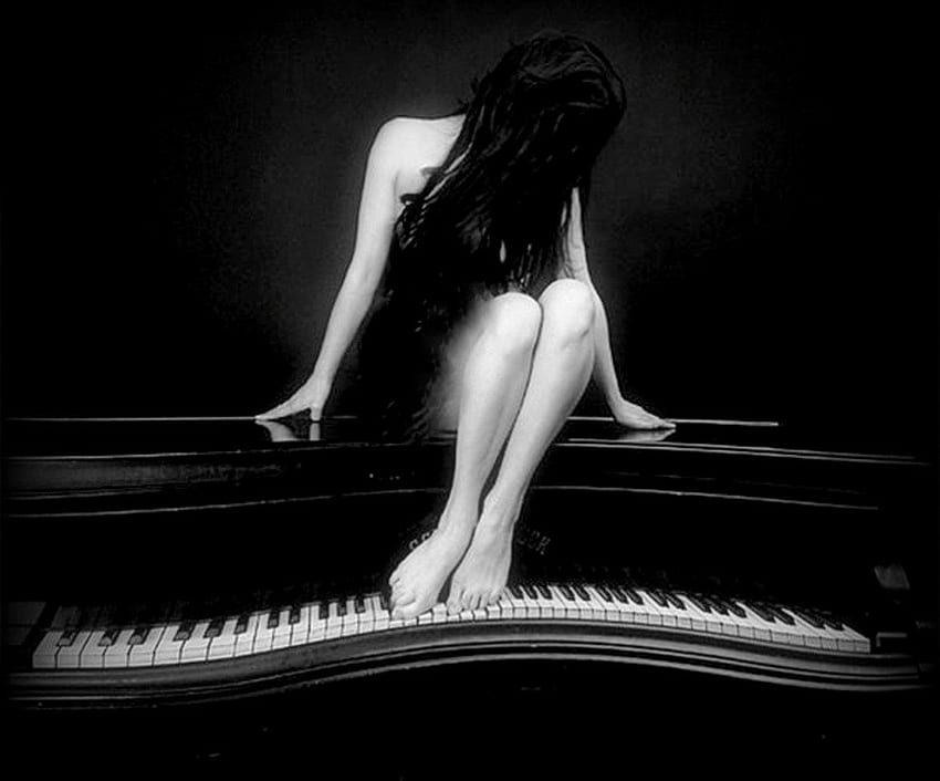 Art and music, white, black, piano, woman HD wallpaper