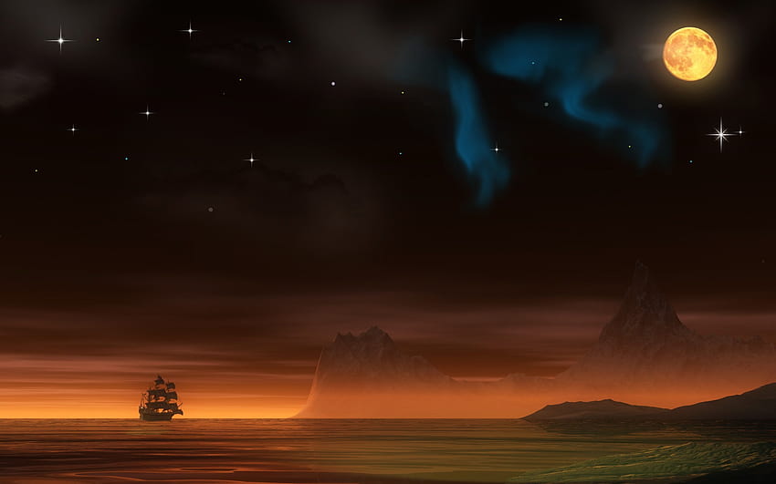 night, Pirate, Ship, Planets, Moon, Aurora, Borealis / and Mobile Background HD wallpaper
