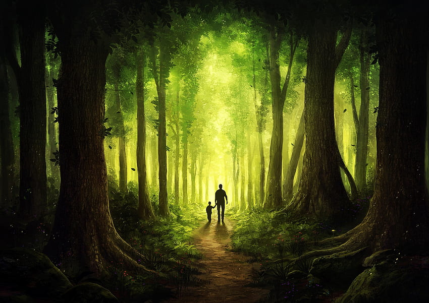 Dziecko i tata, ścieżka, las, fantazja, sztuka Tapeta HD