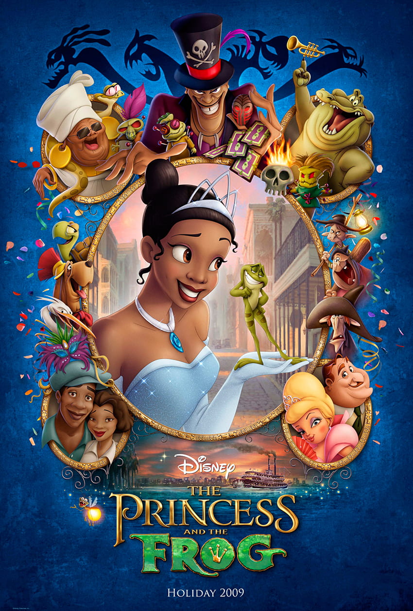 Филмов плакат от филма на Дисни Принцесата и The - Всички герои в Принцесата и жабата, филми на Уолт Дисни HD тапет за телефон