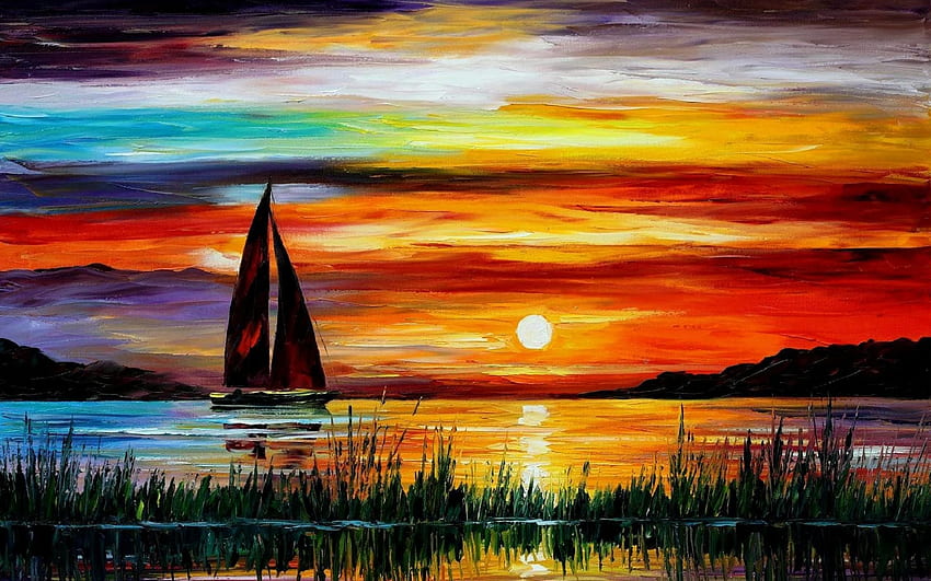 pinturas do sol leonid afremov veleiros pintura a óleo, pintura a óleo papel de parede HD