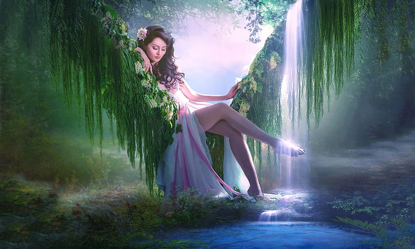 Cachoeira pequena, suavidade, sobrenatural, menina fantasia, mágico, sonhador, água, etéreo, beleza papel de parede HD