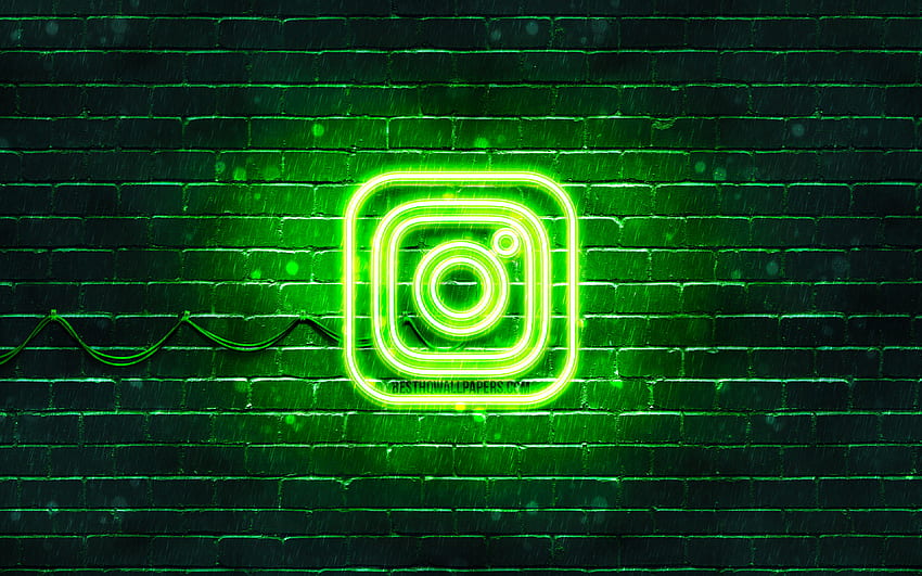 Instagram yeşil logosu, yeşil brickwall, , Instagram yeni logosu, sosyal ağlar, Instagram neon logosu, Instagram logosu, Instagram HD duvar kağıdı