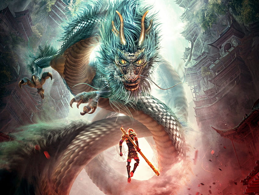 Wukong, Monkey King และ Dragon แบบเต็มและพื้นหลัง วอลล์เปเปอร์ HD