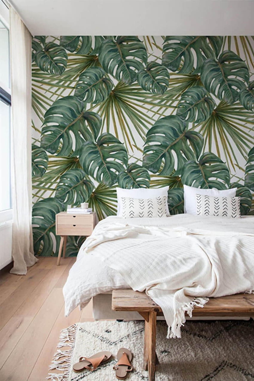 Tropikalna zielona sypialnia z egzotycznym nadrukiem liści - Sypialnia w liście - - Tapeta na telefon HD