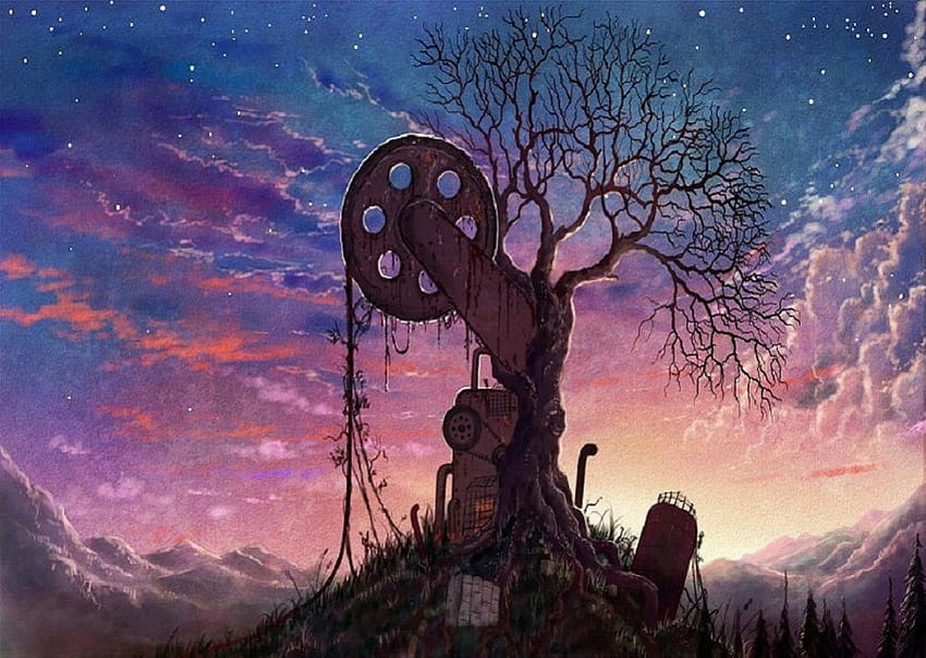 Old Tree, orginal, art, magical, house, sunset, tree HD wallpaper