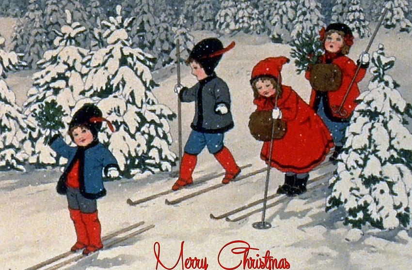 Christmas Ski Time, inverno, bambini, dicembre, arte, bellissimo, sciare, illustrazione, opera d'arte, scenario, occasione, schermo panoramico, vacanza, pittura, Natale, neve Sfondo HD