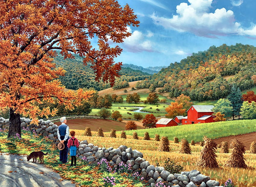 Autumn Memories F2, art, landscape, farm, artwork, scenery, wide screen, painting, field, autumn, harvest HD wallpaper