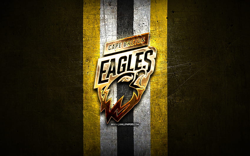 Cape Breton Eagles, złote logo, QMJHL, żółte metalowe tło, kanadyjska drużyna hokejowa, logo Cape Breton Eagles, hokej Tapeta HD