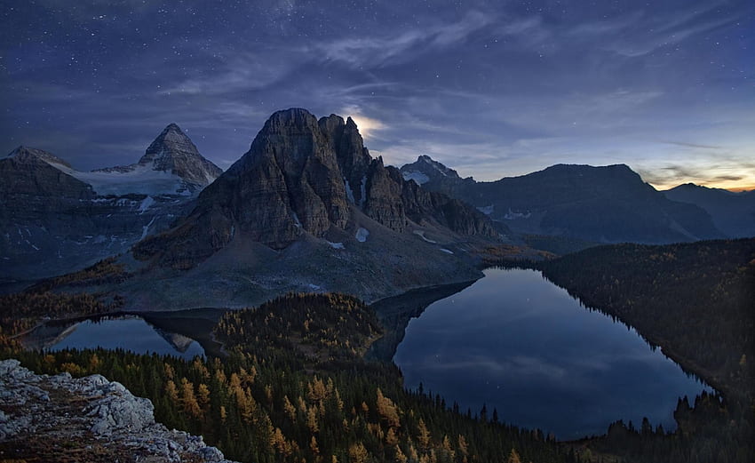 starry night over beautiful landscape, night, lakes, stars, forest, mountain HD wallpaper