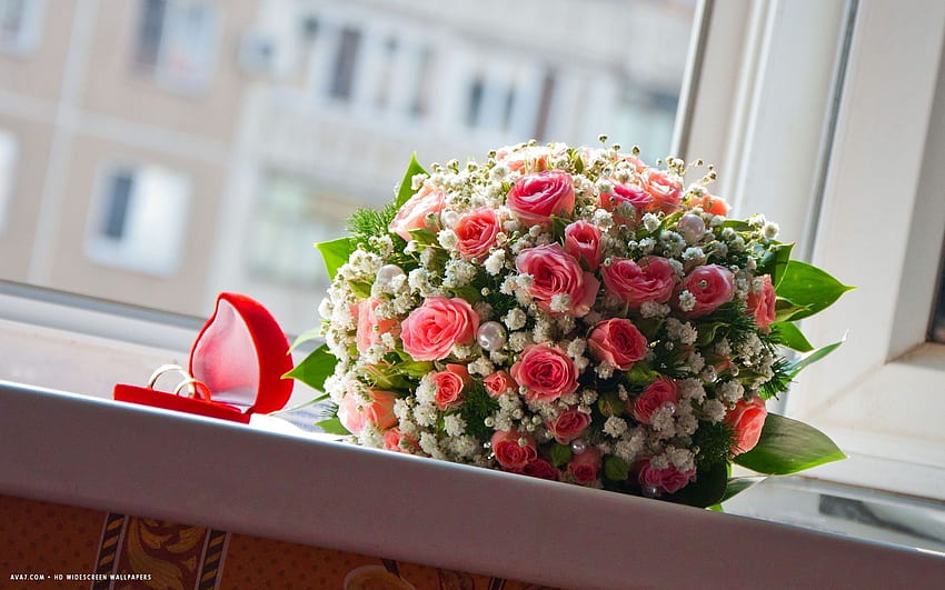 сватбени празници пръстени булчински букет цветя розови рози прозорец / романтичен фон, букет цветя HD тапет