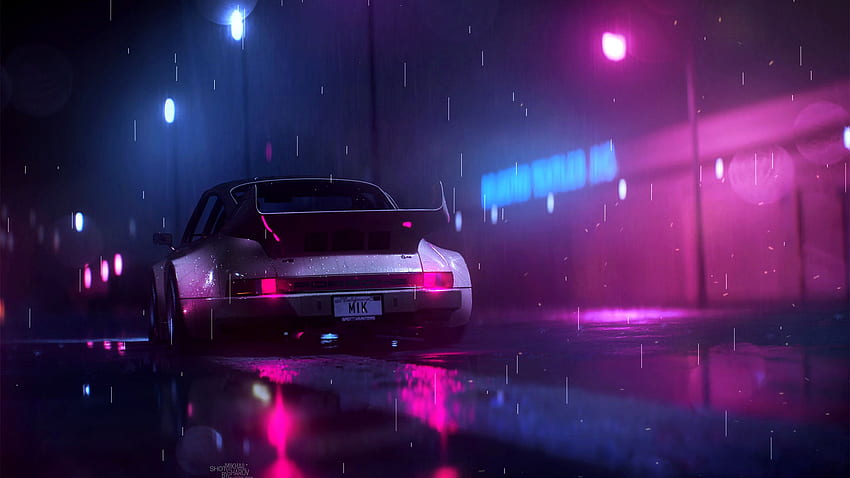 Neonowy Samochód W Deszczu. Komputer na żywo Tapeta HD