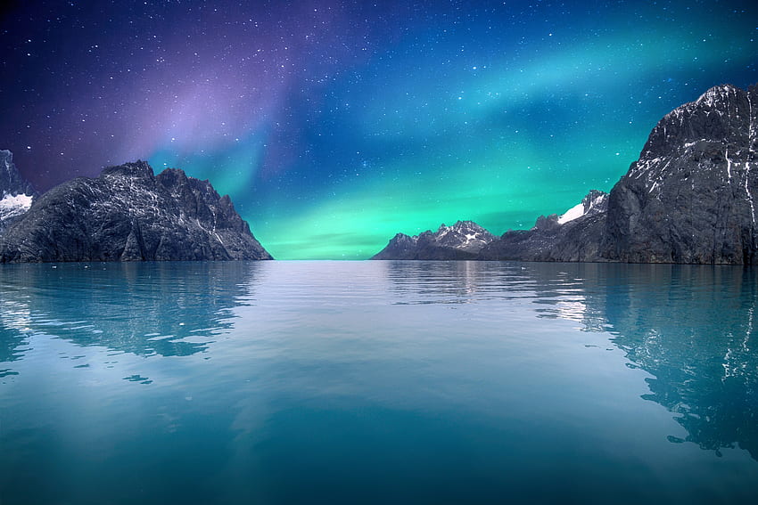 Aurora boreal, Mar, Cielo azul, Estrellas, Reflejo, Montañas, Naturaleza fondo de pantalla