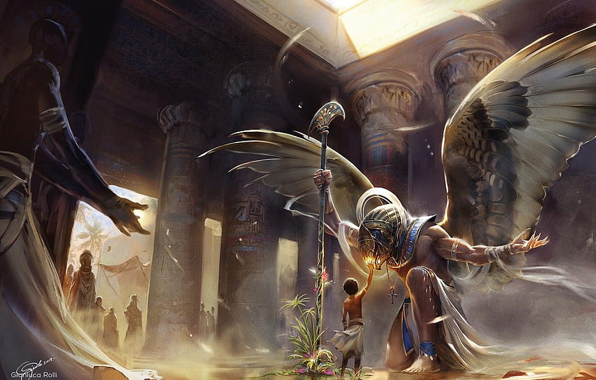 God, wings, boy, columns, temple, Egypt, wings, Egypt, boy, god, temple, Horus, Chorus, Mountains, Ankh for , section фантастика, Egyptian Ankh HD wallpaper