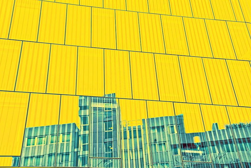 building, facade, panels, yellow, reflection HD wallpaper