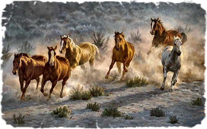 Wild Horses 2, 動物, アートワーク, うま, ワイド スクリーン, 野生動物, 絵画, アート, ウマ 高画質の壁紙