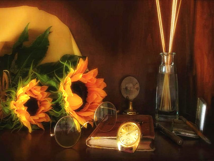 Vaterecke, Buch, Streichhölzer, Glas, Sonnenblumen, Uhr, Brille, Uhr HD-Hintergrundbild