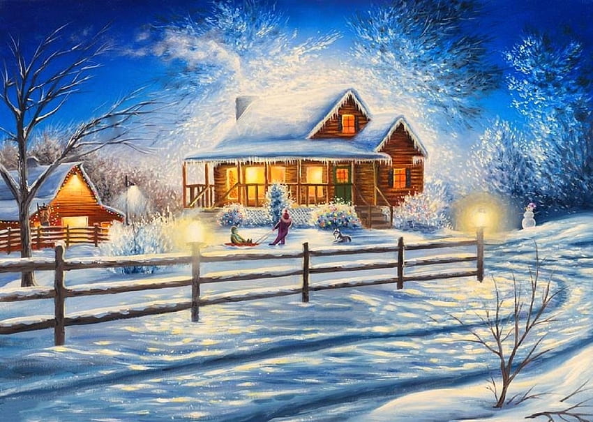 正月の楽しみ、冬、休日、正月、夢のアトラクション、家、四季の愛、クリスマス、雪、クリスマスと正月、家 高画質の壁紙