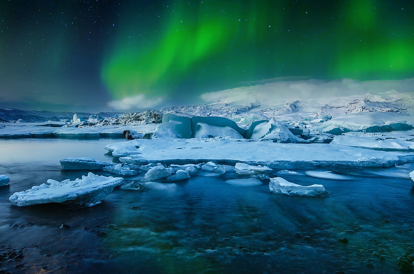 Zorza polarna, jezioro, lodowiec, światła, mrożone, śnieg Tapeta HD