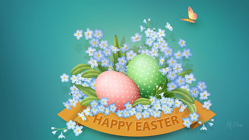 EASTER, butterfly, floral, forget me nots, flowers, spring, eggs HD wallpaper