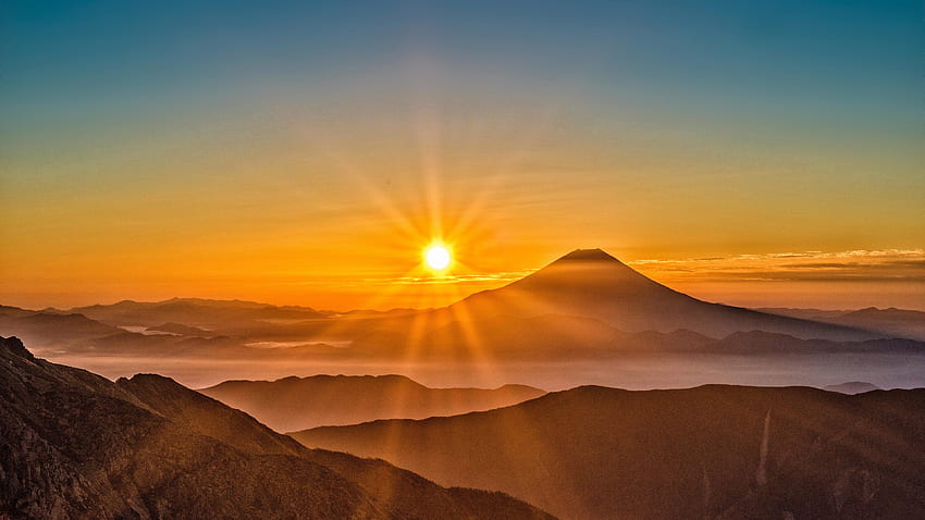 Fuji Dağı Sabah Güneşi Yükseliyor ,, Sun Mountain HD duvar kağıdı