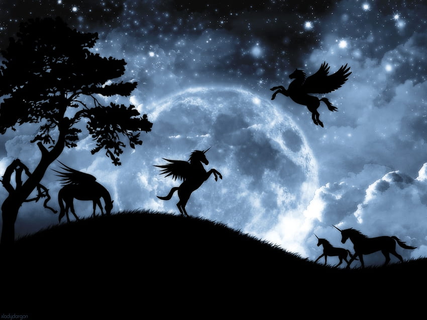 Fantasy night, night, blue, white, horse, pegasus, summer, moon, fantasy, unicorn, luna, luminos, silhouette HD wallpaper