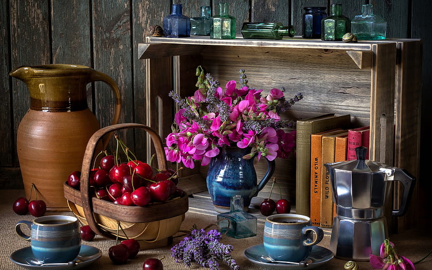 Still life, Lavender, Books, Berries, Coffee, Shelf, Bunch HD wallpaper