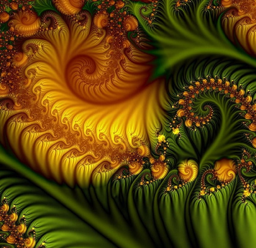 Chaos Theory, abstract, green, fractal, gold, pattern HD wallpaper
