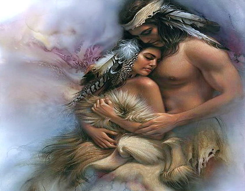 La bellezza dell'amore, wo, pelliccia, nativo americano, abbraccio, piume, uomo, amore, am Sfondo HD