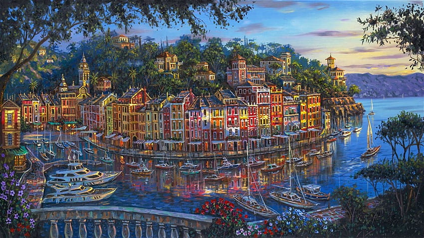 Portofino Splendor by Robert Finale, dzieło sztuki, morze, , miasto, łodzie, śródziemnomorski, włochy, domy Tapeta HD