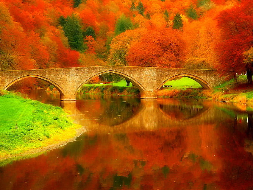 Simetría otoñal, río, puente, colorido, colores, reflejo, otoño, agua, naturaleza fondo de pantalla