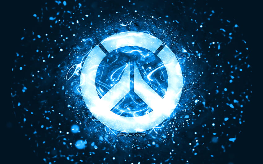 Overwatch blue logo, , blue neon lights, creative, blue abstract background, Overwatch logo, online games, Overwatch HD wallpaper