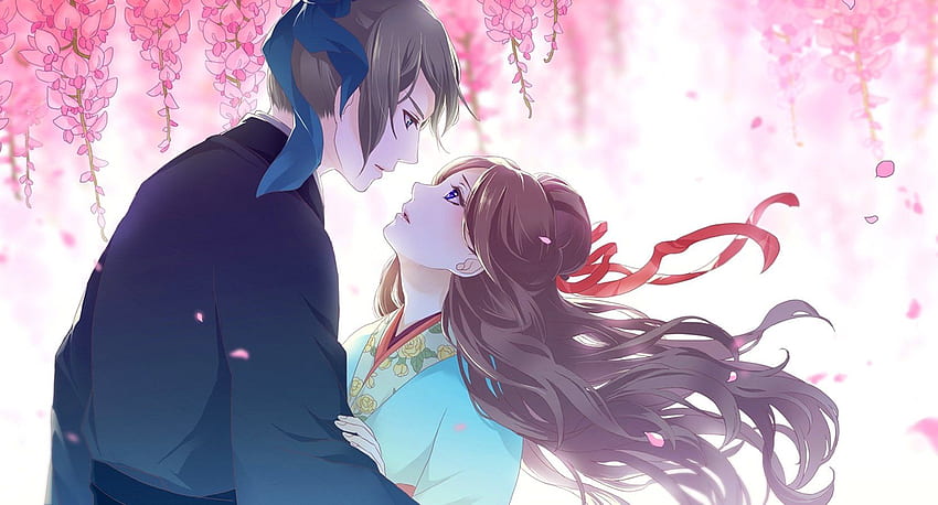 Anime couple amour fille garçon cheveux longs sakura fleur kimono Fond d'écran HD