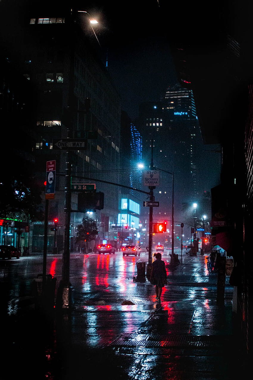 ニューヨークの夜の雨の街のプリント。 夜の街の明かり、雨の街、都市、雨の街の通り HD電話の壁紙