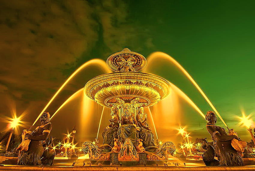 Fountain beauty, lights, fountain, sculpture, gold, beauty HD wallpaper