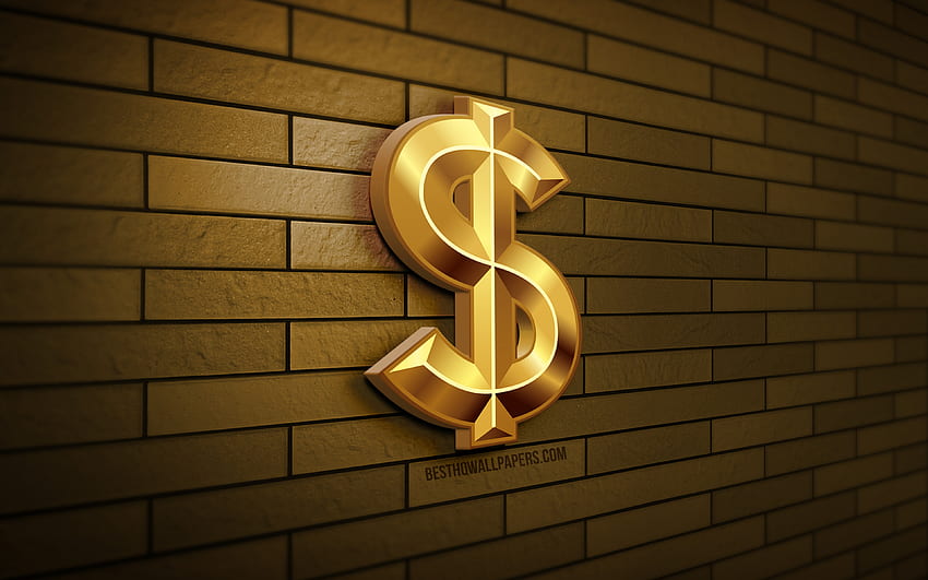 Segno dorato del dollaro, muro di mattoni giallo, creativo, valuta, segno del dollaro 3D, segno del dollaro, arte 3D, dollaro Sfondo HD