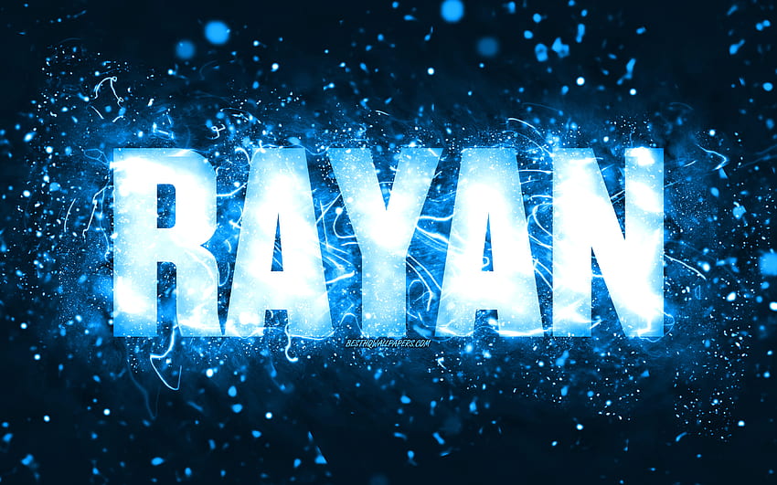 Happy Birtay Rayan, , luzes de neon azuis, nome Rayan, criativo, Rayan Happy Birtay, Rayan Birtay, nomes masculinos americanos populares, com nome Rayan, Rayan papel de parede HD