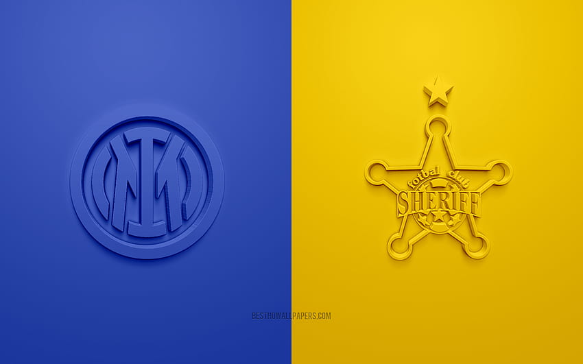 Inter Milan vs Sheriff Tiraspol, 2021, UEFA Şampiyonlar Ligi, D Grubu, 3D logolar, sarı mavi arka plan, Şampiyonlar Ligi, futbol maçı, 2021 Şampiyonlar Ligi, Inter Milan, Şerif Tiraspol HD duvar kağıdı