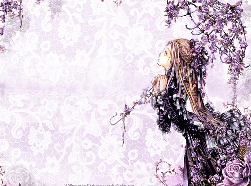 Purple Roses, umbrella, black, lovey, cute, long hair, dress, beauty, brown, gothic, sweet, roses, garden, soft, girl, beautiful, purple, anime, pretty, flowers, lovely HD wallpaper