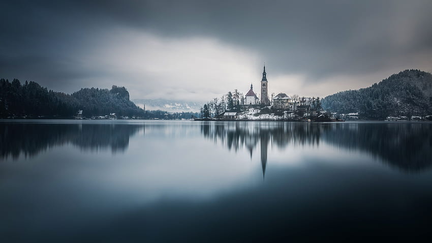 Church, Bled, Slovenia, lake, trees, snow, winter HD wallpaper