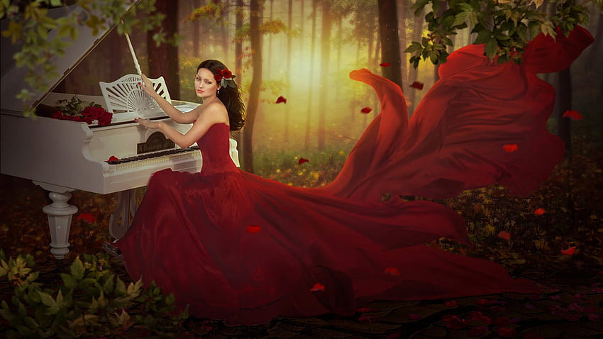 Grand piano, girl, dress, wind, instrument, fantasy, piano, red, autumn, luminos, forest, shiny shadows art HD wallpaper