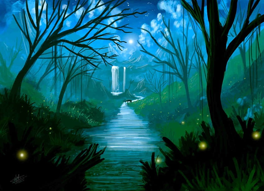 Fireflies By The River (Speedpainting by Roberto Nieto), blue, syntetyc, river, brown, trees, waterfalls, fireflies, roberto nieto HD wallpaper