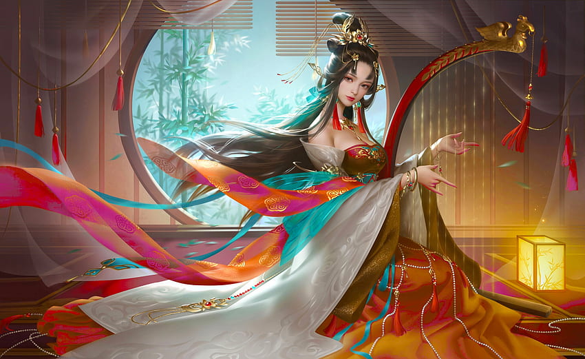 Angelic Melody, oriental, harpa, mulher, véus, asiático, arte, músico, menina, linda, digital, fantasia papel de parede HD