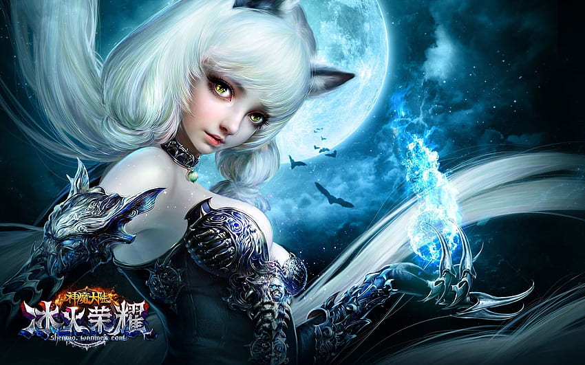 Lycan girl, blue, frumusete, lycan, wolf, moon, fantasy, game, ears, luna, luminos, forsaken world HD wallpaper